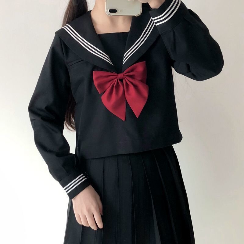 Japanese School Uniform Girls Plus Size Jk Suit Red Tie Black Three Basic Sailor Uniform Women Long Sleeve Suit