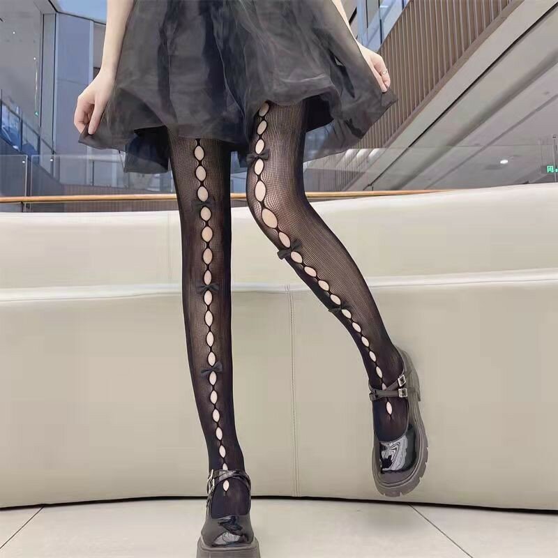 Lolita Cosplay Girls Bowknot Hollow Out Pantyhose Sexy Thin Ins Tide Lace Tights Anime Socks Black White Fishnet Silk Stockings