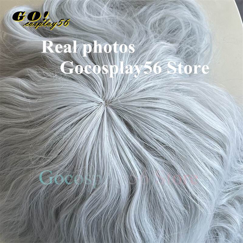 Parrucca Cosplay Griffith argento bianco misto blu ricci ondulati lunghi 70cm capelli sintetici resistenti al calore