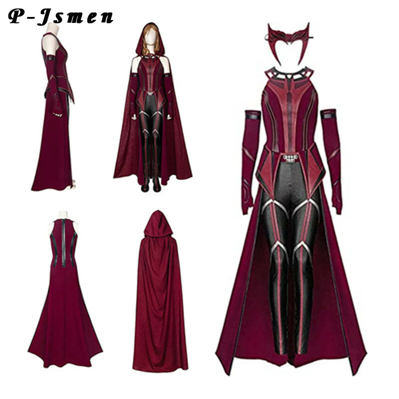P-Jsmen Female Wanda Maximoff Cosplay Costume Scarlet Witch Headwear Cloak and Pants Full Set Outfit Halloween Accessories Props