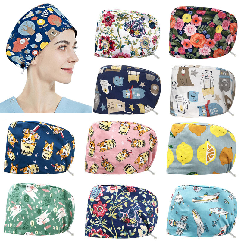 1PC Unisex Cotton Scrub Cap Adjustable Elastic Printing Hat Bouffant Head Cover Kitchen Hat With Sweatband Hair Accessories